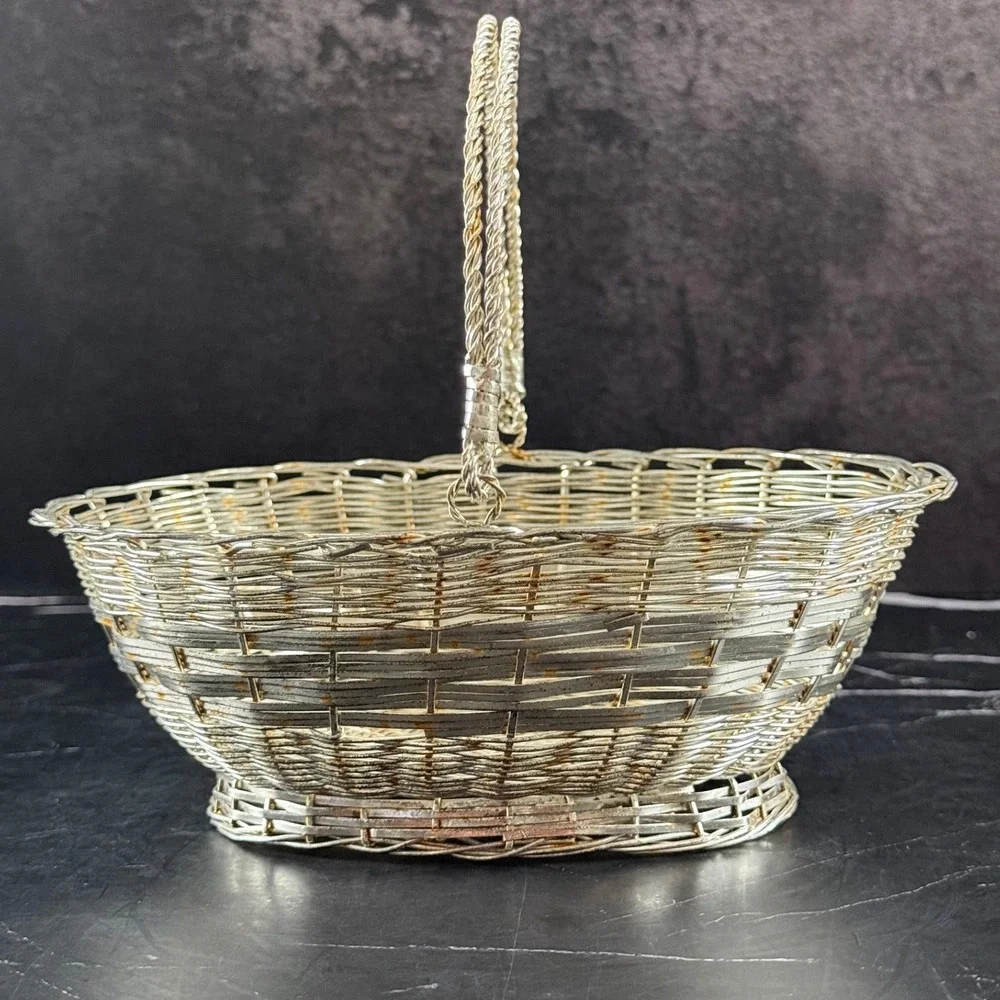 Vintage Silver Plated Woven Basket with Handle 8in X 6.5in